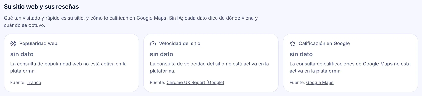 Sección «Su sitio web y sus reseñas» de un competidor de ejemplo: popularidad web, velocidad del sitio y calificación en Google aparecen como «sin dato», cada una con su fuente y el motivo.